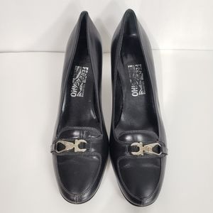 Ferregamo Silver Buckle Pumps in Black leather
